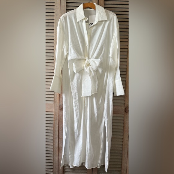 Zara oyster off white ivory shirt dress long mid knot waist bow blogger vacay S - Picture 8 of 11